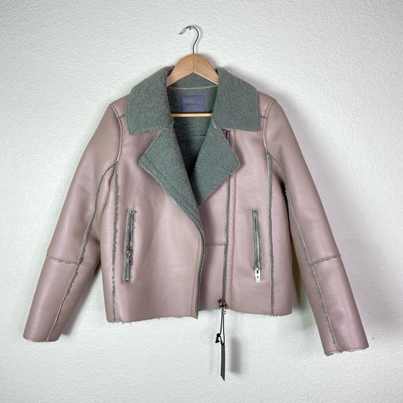 NWT Blank NYC Moto Flight Jacket Blush Tan Faux Leather Sherpa Size Small - Picture 2 of 10